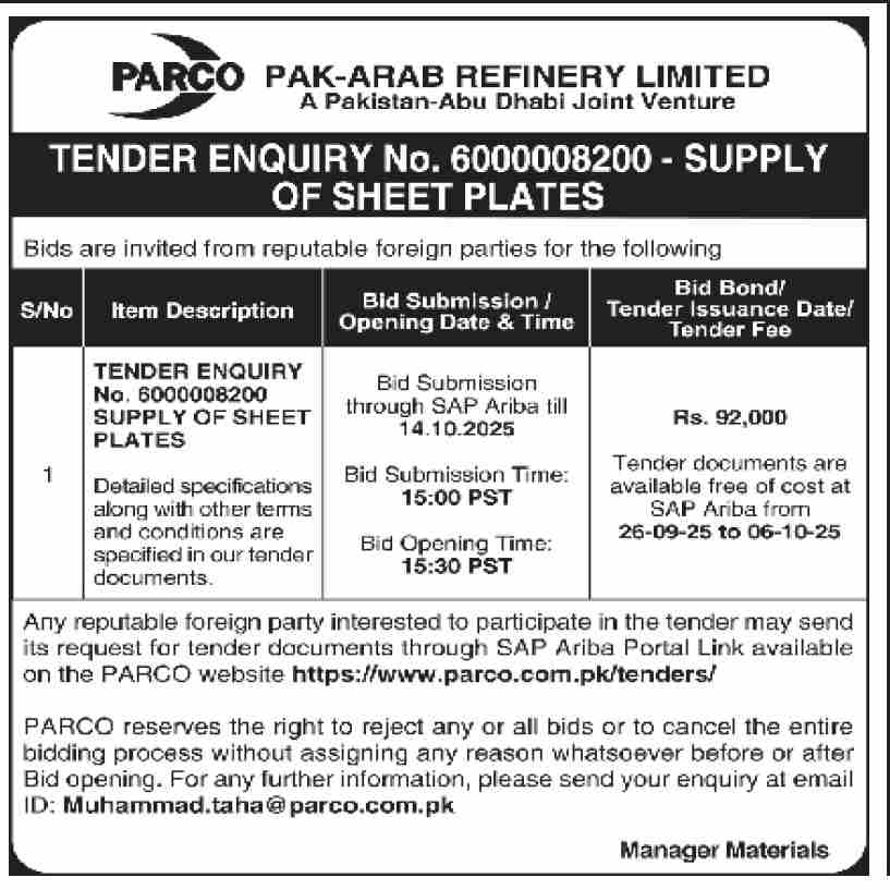 Pak Arab Refinery Limited Tender Notice